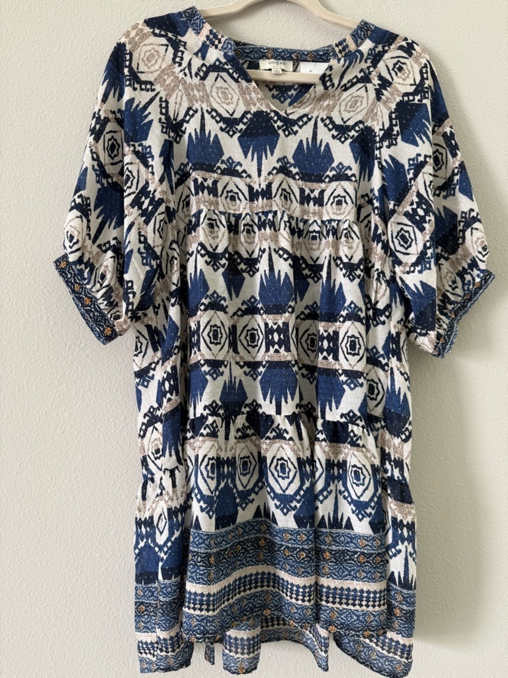 Umgee Navy Blue, Mustard & Cream Aztec Print V-Neck Tunic Babydoll Dress Small - Picture 4 of 6